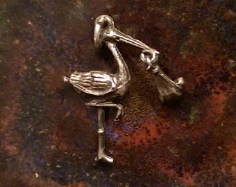 Swinging baby and stork vintage sterling silver charm necklace pendant or keychain charm