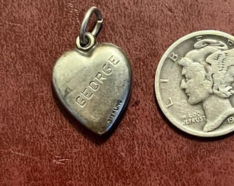 Engraved George Vintage 1940&#39;s sterling silver forget me not flowers puffy heart charm