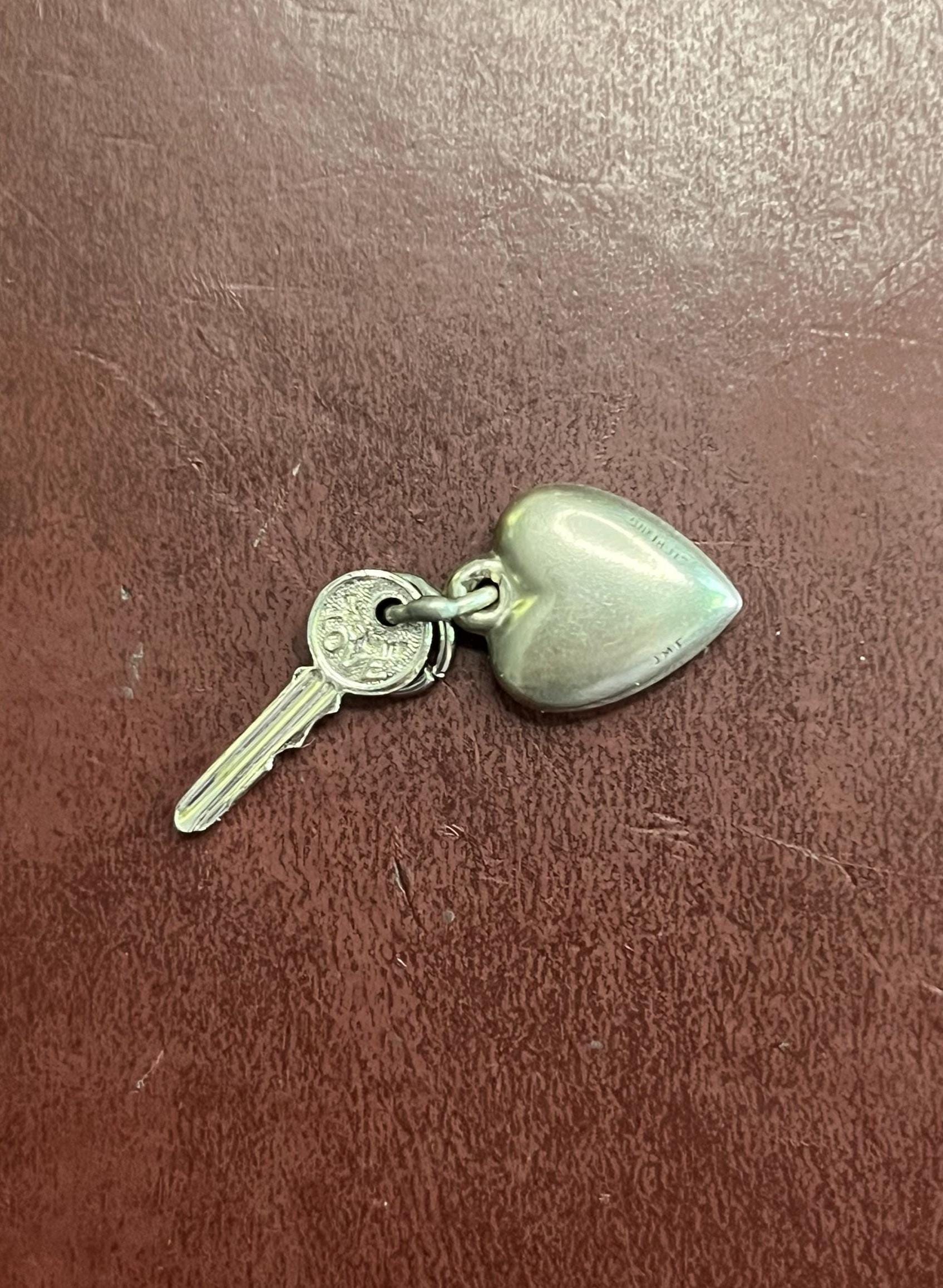 Vintage sterling key to my heart double charm or tiny pendant small puffy heart