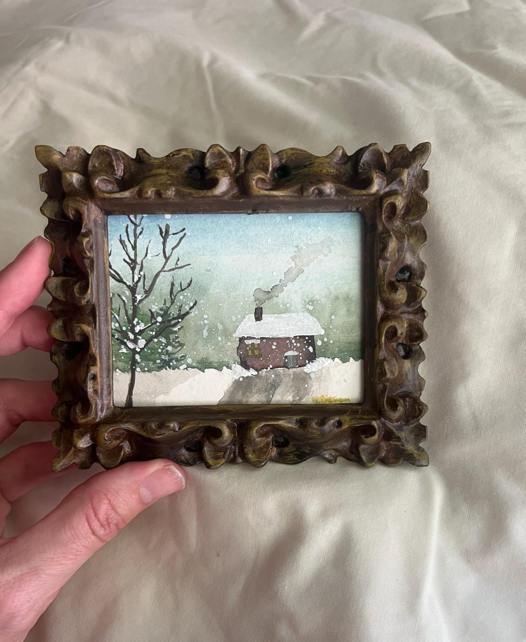 Original Mini Snowy Cabin in the Wood Watercolor in Vintage Style Frame ...