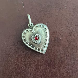 Engraved Mother Vintage sterling WWII puffy heart charm 1940&#39;s love token with ruby necklace pendant