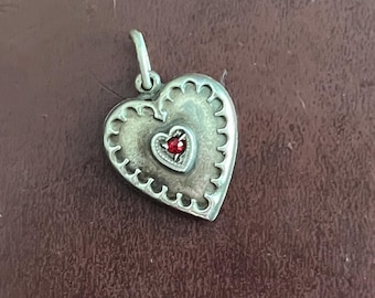 Engraved Mother Vintage sterling WWII puffy heart charm 1940&#39;s love token with ruby necklace pendant