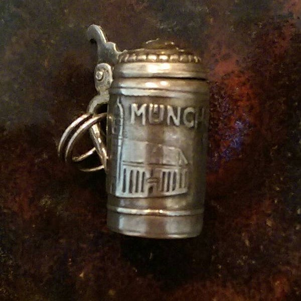 Vintage 800 silver Munchen German travel beer stein mechanical charm necklace pendant or keychain charm