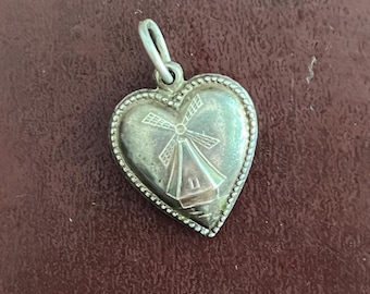 Engraved Margie vintage sterling silver windmill love token 1940&#39;s sweetheart  puffy heart charm or necklace pendant