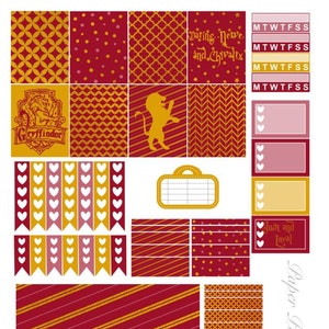 May include: A collection of red and gold planner stickers. The designs include geometric patterns, banners, and text that reads "Gryffindor", "Daring, Nerve, and Chivalry", and "Just and Loyal". There are also weekly calendar labels.