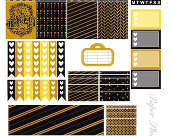 May include: A set of printable planner stickers featuring a black and gold color scheme. The stickers include a Hogwarts house crest, a black silhouette of a creature, a repeating pattern of stars, a repeating pattern of hearts, and a repeating pattern of diamonds. The stickers also include a banner with the text "Just and Loyal", a repeating pattern of diagonal lines, a repeating pattern of chevron shapes, and a repeating pattern of polka dots. The stickers also include a blank label with a gold border and a set of daily planner boxes with the days of the week labeled.