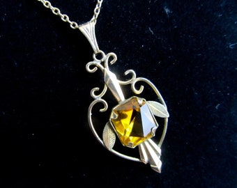 Edwardian pendant with yellow glass stone, flapper costume jewelry, vintage jewelry gift for women