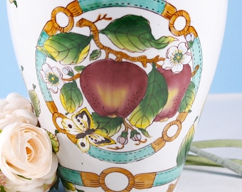 Vintage Chinese Majolica painted vase, hand painted vase with apples, apple blossom and butterflies, spring decor vase