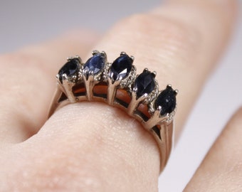 Vintage Natural dark blue sapphire 5 stone ring cathedral setting in silver, something old something blue