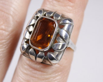 Vintage sterling silver orange boho cocktail ring, warm honey statement ring, leaf edges