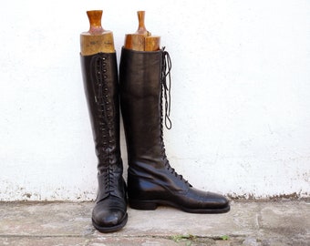 WWI riding boots with antique wooden boot lasts, DISPLAY ONLY black leather lace up boots, antique equestrian, vintage military hunting