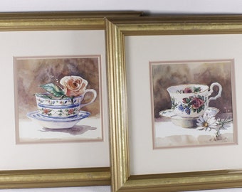 Vintage Marilyn Simandle framed teacup prints for Eatons, watercolour teacup painting prints