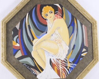 Art deco wall art, 1920s original Demi-Nue by by S Chompré hand coloured + signed print, boudoir wall art octagonal frame