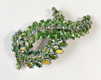 Reserved for Alex ------- Signed Sherman peridot green aurora borealis tiered rhinestone brooch, fern frond leaves ribbon ca 1960s
