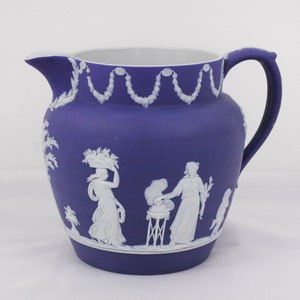 Antique Wedgwood Jasperware Dutch jug 6”, 1906 dark cobalt blue pitcher