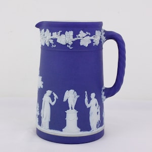 Victorian Wedgwood Jasperware trojan jug 6.5”, 1896 cobalt blue cider pitcher