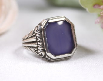 Vintage silver and dyed onyx ring, gothic mens signet ring, semi-precious purple quartz ring
