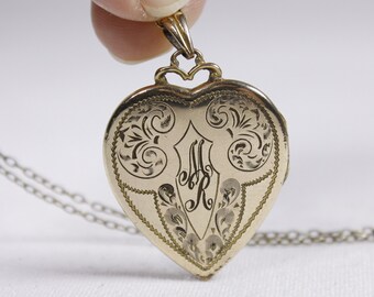 Vintage heart locket monogram MR necklace, Gold toned double photo heart locket pendant, gold plated sweetheart locket necklace with chain