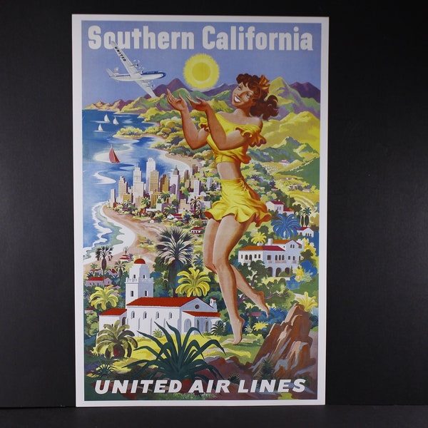 11 x 17" United Air Lines Southern California small tourist poster, vintage travel print, home office nursery decor print
