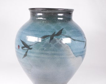 Vintage art pottery vase, Full moon winter themed elegant artist signed pottery