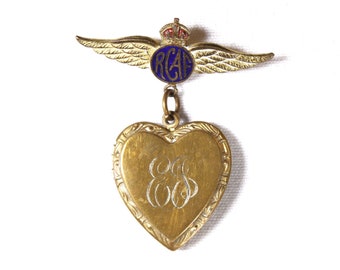 WWII RCAF sweetheart locket brooch, brass heart shaped locket EJ monogram