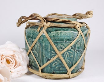 Antique Chinese hexagonal green ginger jar 5", medium size blue ginger jar, Chinese pottery jar with straw netting
