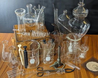 CHOOSE Vintage Chemistry set borosilicate laboratory glassware, hand blown distillation adapter bottles