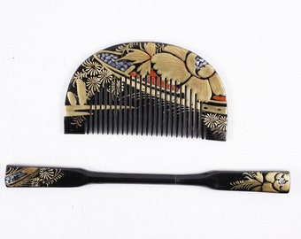 Vintage Japanese Kushi Comb and Kanzashi Hair Pin in black, Kougai set, Kimono Hair Ornament, Geisha cosplay accessory