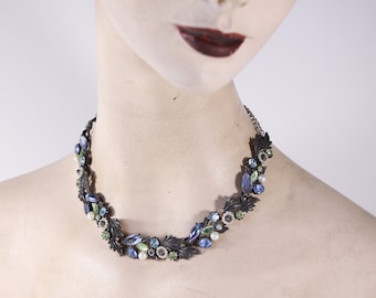 Vintage Unsigned 1960s Florenza Choker Necklace, Blue and green on dark grey costume jewelry