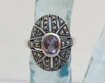 Bague Ancienne Art Déco En Argent 925 - Marcassites Et Améthyste - Taille 56 - Occasion