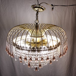 1990s Hollywood regency cascading crystal chandelier 21, pink clear glass waterfall ceiling light fixture, opulent hard wired light image 4