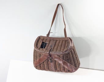 Vintage fishing creel ca 1920s willow and leather, fly fishing basket, rustic cabin angler decor