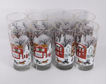 Vintage set of 8 Lynns China Libbey highball glasses Christmas Winter Village, tall drinking glass, holiday glasses horses sleigh carriage