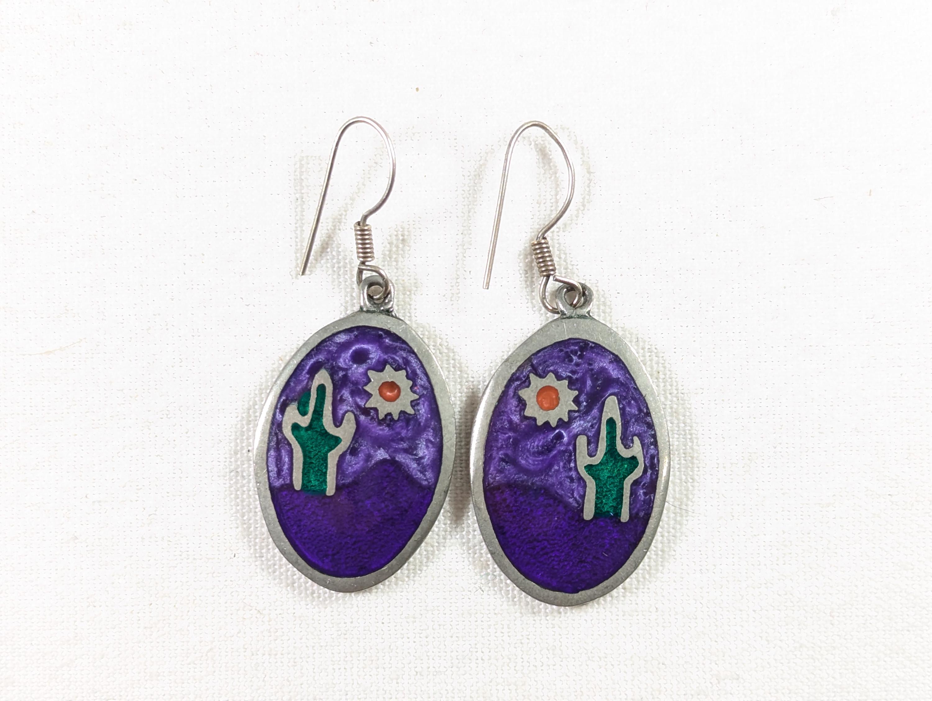 Parure De Bijoux Vintage ALIA (Broche/Collier & Boucles D'Oreilles) Émail Cactus - Mexique 1991