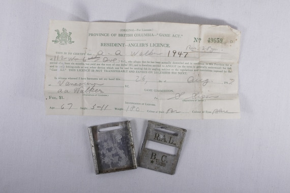 1938 RAL BC Fishing License Holder With 1947 Handwritten Fishing