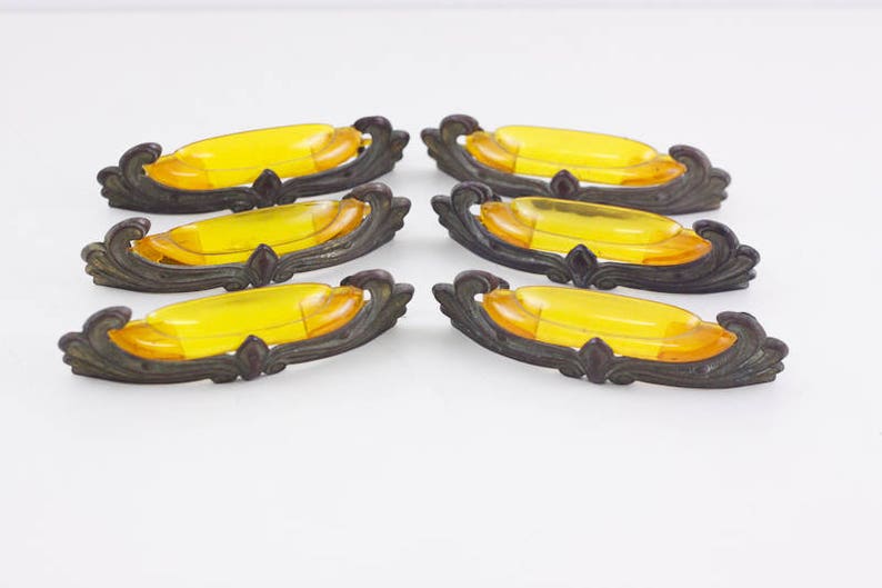 Orange bakelite Art Deco drawer pull sunburst bakelite on brassed copper drawer handles