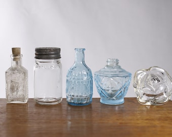 CHOOSE vintage small bottles, blue glass perfume bottle, rose shaped miniature flask Horlicks Hinds Bitters