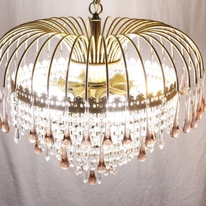 1990s Hollywood regency cascading crystal chandelier 21, pink clear glass waterfall ceiling light fixture, opulent hard wired light image 3