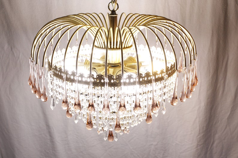 1990s Hollywood regency cascading crystal chandelier 21, pink clear glass waterfall ceiling light fixture, opulent hard wired light image 3