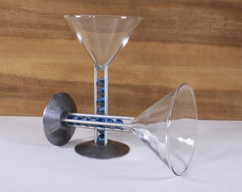 1999 Bombay Sapphire martini glasses designed by Patricia Heller, set of 2 blue marble art glasses