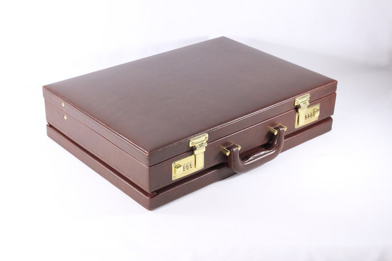 Vintage McBrine expandable brown vinyl briefcase with number lock, men's work attache laptop hard case, overnight hard bag, camera storage image 2