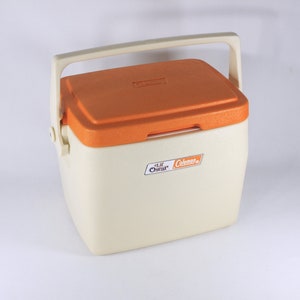 Vintage Coleman Lil Oscar cooler, model 5272 white with orange lid / cup holder, Made in Canada May 1985 image 1