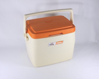 Vintage Coleman Lil Oscar cooler, model 5272 white with orange lid / cup holder, Made in Canada May 1985