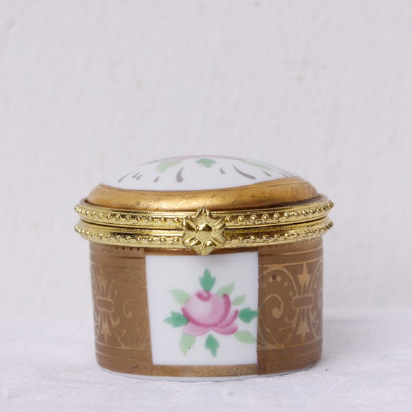 small round porcelain pill box roses and gold, dressing table decor, tiny trinket holder