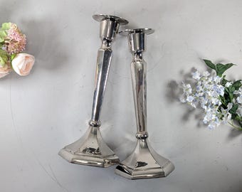 Pair of Silver Plated Tapered Candlestick Holders, 11-Inch Tall