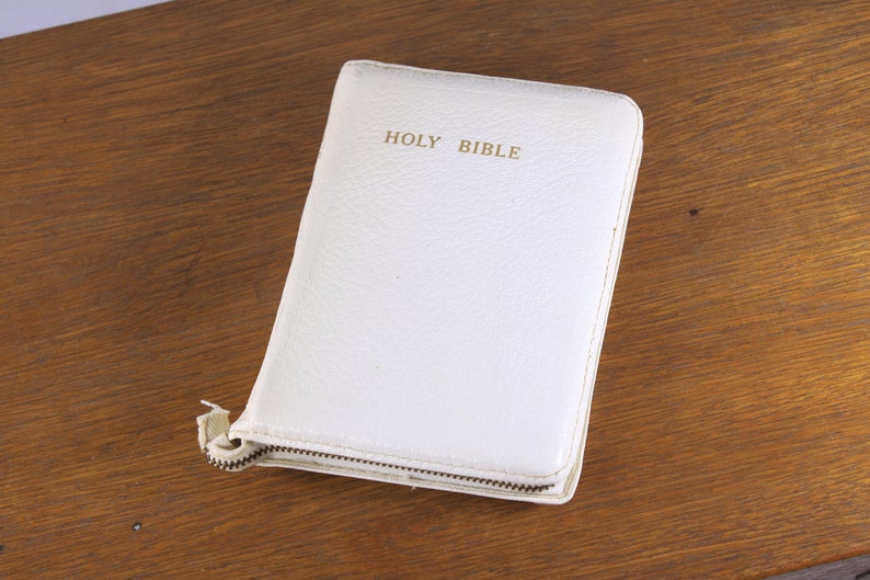 Vintage gilt-cut Bible in white protective cover, self-pronouncing edition king james bible Old and New Testament image 5