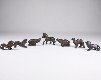 Antique cast metal circus animals, spelter shadowbox figurines zoo animals, cast metal circus miniatures