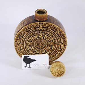 Vintage Aztec calendar decanter, Mayan Calendar ceramic flask in ochre yellow / caramel brown, tiki bar decor, Kahlua Decanter bottle image 4