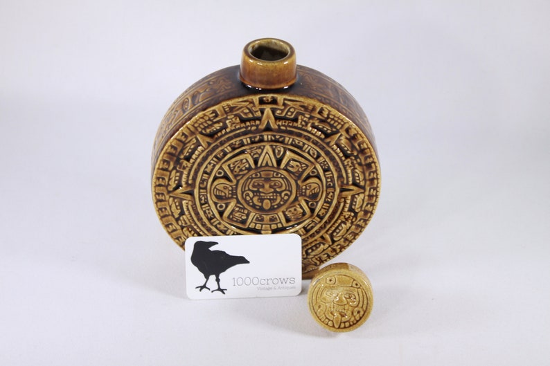 Vintage Aztec calendar decanter, Mayan Calendar ceramic flask in ochre yellow / caramel brown, tiki bar decor, Kahlua Decanter bottle image 4