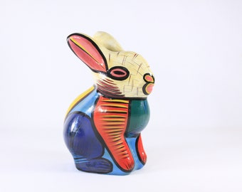 Vintage Mexican Hand Painted Rabbit coin bank, Colorful Folk Art Pottery home decor, Sitting Bunny nursery decor